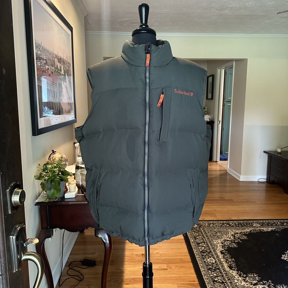 Timberland Feather Down Puffer Vest Men's 2XL Green Sleeveless Outdoor Full Zip